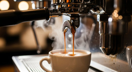 coffee machine making a cappuccino in a white cupの素材