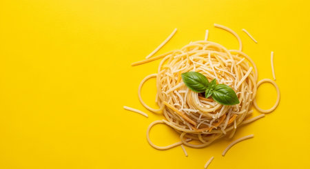 Spaghetti with basil on a yellow background. Top view. Copy space.の素材