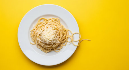 Spaghetti with cheese on a white plate on a yellow background.の素材