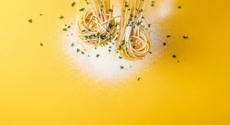 Spaghetti with herbs and salt on yellow background. Top view.の素材