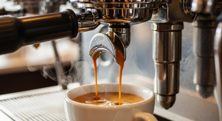 Coffee machine pouring coffee in a white cup close-upの素材