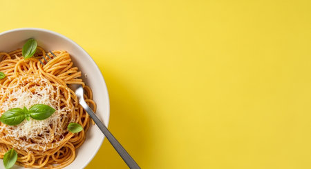 Spaghetti with tomato sauce and basil in a white bowl on a yellow background. Top view.の素材