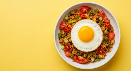 Korean spicy fried rice with fried egg in a bowl on yellow backgroundの素材
