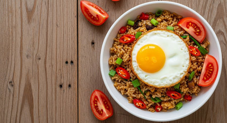 Fried rice with fried egg and vegetables in white bowl on wooden tableの素材