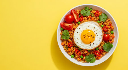 Fried rice with fried egg and vegetables on yellow background, top viewの素材