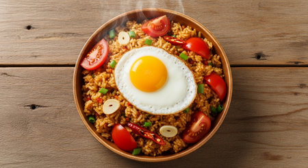 Fried rice with egg and vegetables in wooden bowl on wooden tableの素材