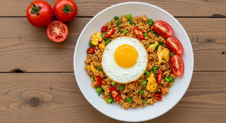 Fried rice with fried egg and vegetables on wooden table, top viewの素材