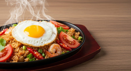 Fried rice with fried egg and prawns on wooden tableの素材