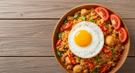 Fried rice with chickpeas and fried egg. Asian food backgroundの素材