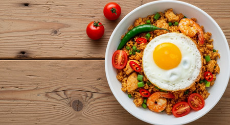 Fried rice with fried egg and prawns on wooden tableの素材