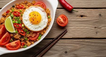 Asian fried rice with fried egg, vegetables and chopsticks on wooden backgroundの素材
