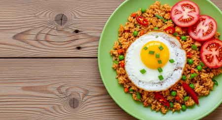 Fried rice with fried egg and vegetables on wooden background. Top viewの素材