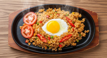 Fried rice with egg and vegetables on black plate on wooden tableの素材