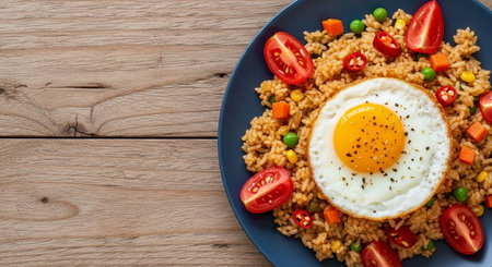 Fried rice with fried egg and vegetables on wooden table. Top viewの素材