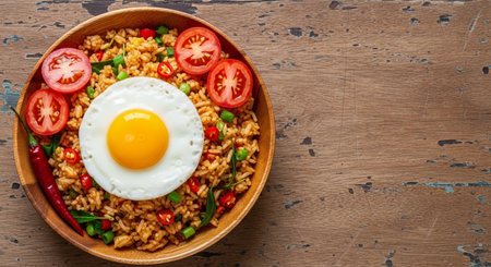 Fried rice with fried egg and vegetables in wooden bowl on wooden backgroundの素材