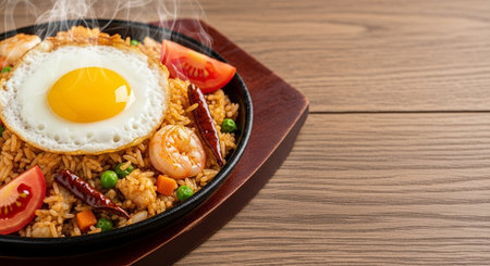 Fried rice with shrimps and fried egg on wooden tableの素材