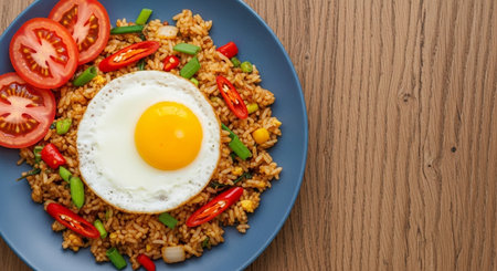 Fried rice with fried egg and vegetables in blue plate on wooden backgroundの素材