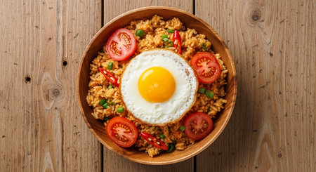 Fried rice with fried egg and vegetables in wooden bowl, top viewの素材