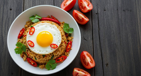 fried rice with fried egg and vegetables on wooden table, top viewの素材