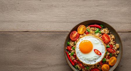Spicy fried egg with rice and vegetables on wooden table, top viewの素材