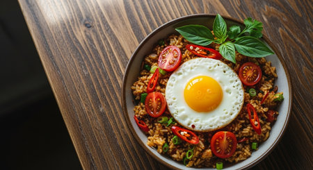 Bowl of fried rice with fried egg and vegetables on wooden tableの素材