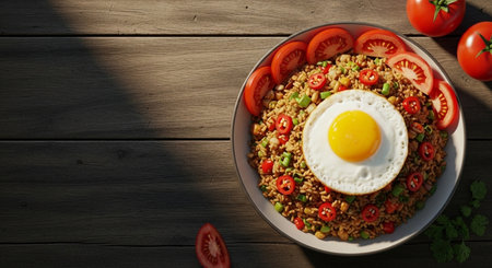 Fried rice with egg and vegetables on wooden table, top viewの素材