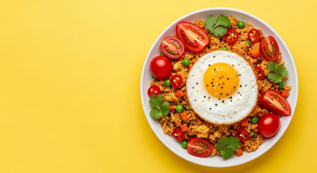 Fried rice with fried egg and vegetables on yellow background, top viewの素材