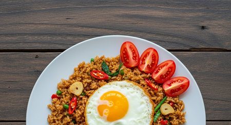 Fried rice with fried egg on wooden table. Top view.の素材