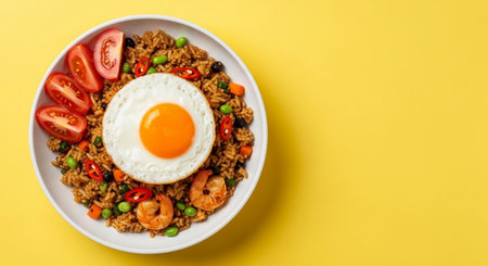 Fried rice with shrimp and fried egg on yellow background, top viewの素材