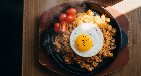 Fried rice with fried egg in a pan on a wooden tableの素材