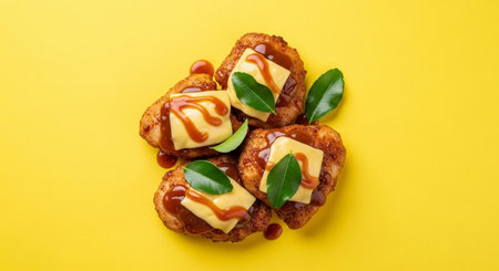 Tasty pancakes with cheese and caramel sauce on yellow background, top viewの素材