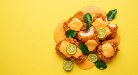 Fried chicken nuggets with lime and kaffir lime leaves on yellow backgroundの素材