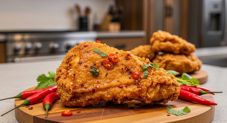 Fried chicken on a cutting board with chili peppers in the kitchenの素材
