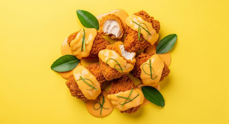 Chicken nuggets with mayonnaise and mustard sauce on yellow backgroundの素材