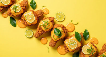 Fried chicken nuggets with sauce and lime slices on yellow backgroundの素材