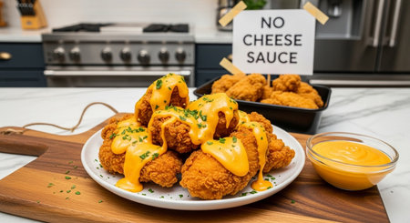 Fried chicken nuggets with cheese and mustard sauce on a plateの素材
