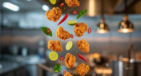 Fried chicken with flying ingredients on kitchen background. Food and fast food conceptの素材
