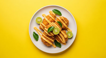 Crispy fried chicken nuggets or deep fried chicken nuggets served with lime slices in a white plate on yellow background.の素材
