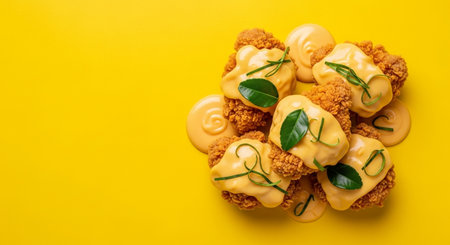Fried chicken nuggets with mayonnaise sauce on yellow backgroundの素材