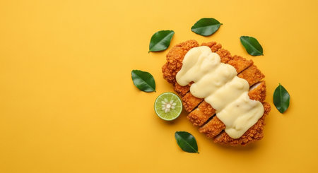Fried pork cutlet with lime on yellow background, top viewの素材