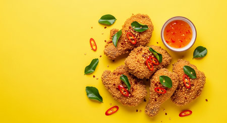 Fried chicken nuggets with spicy chili sauce on yellow background.の素材
