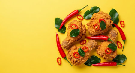 Fried chicken nuggets with chilli and chili peppers on yellow backgroundの素材