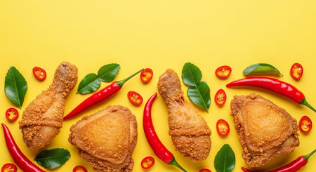 Crispy fried chicken drumsticks on yellow background. Top viewの素材