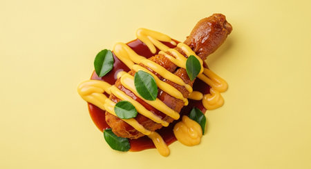 Hot dog with ketchup and mustard on yellow background, top viewの素材