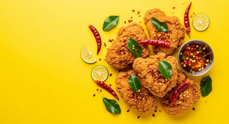 Fried chicken nuggets with chili sauce and lime on yellow backgroundの素材