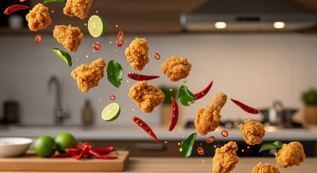 Falling fried chicken with flying chili peppers and lime on kitchen backgroundの素材