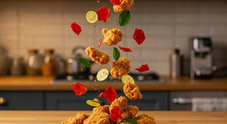 Falling chicken nuggets with flying ingredients on wooden table in kitchenの素材