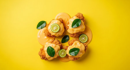 Homemade lemon cookies with lime and cheese on yellow background, top viewの素材