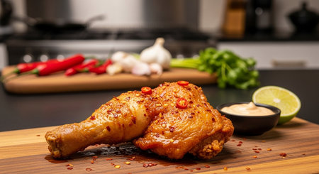 grilled chicken leg with sauce on a wooden board in the kitchenの素材