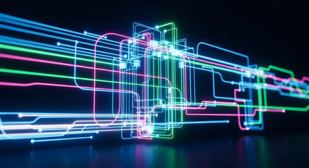 3d render of neon lights on dark background. Glowing neon lines.の素材